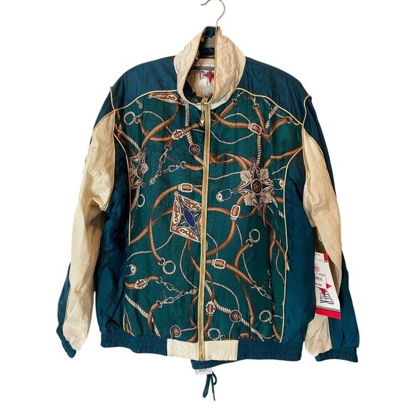 Vintage Active Frontier Tracksuit Chains Buckles Print Nylon Teal Beige Large - Picture 2 of 16